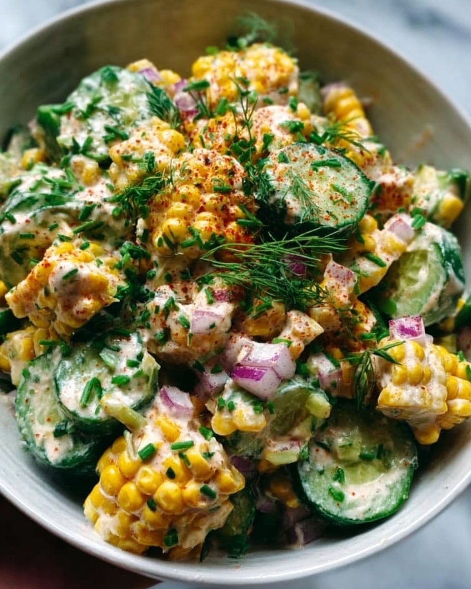 The image shows a close-up of a colorful salad in a white bowl, placed on a white marbled surface. The salad has chunky corn pieces cut from the cob as the main layer, bright yellow and slightly charred. Mixed throughout are thick slices of green cucumber with smooth skin and small seeds visible. There are also small pieces of red onion scattered evenly, adding a reddish-purple color. The whole dish is coated lightly with a creamy dressing that has a shiny texture, and a sprinkle of green fresh herbs is spread on top, giving it a fresh look. Photo taken with an iphone --ar 4:5 --v 7