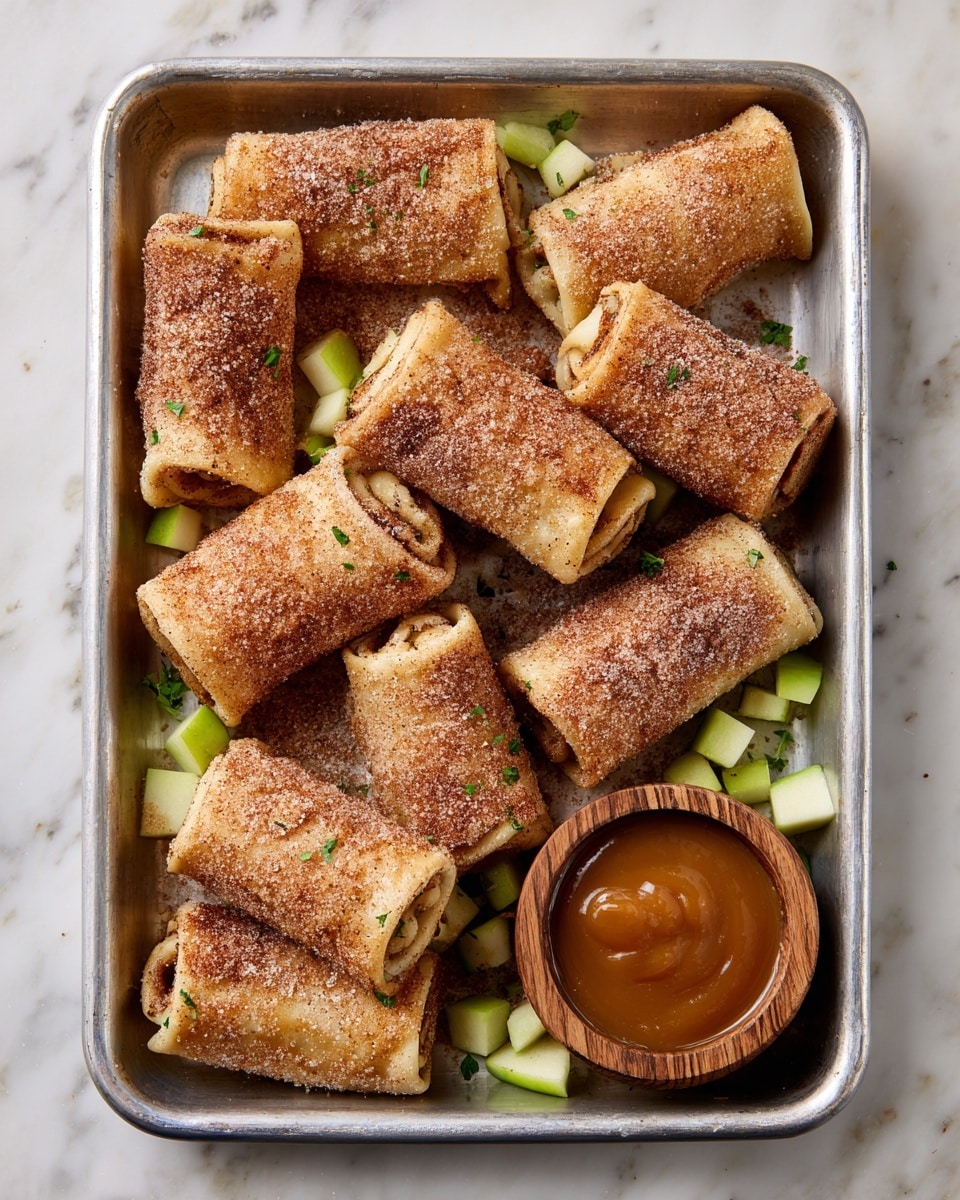 The image shows a pile of golden-brown baked rolled pastries with a crispy texture, sprinkled lightly with sugar, stacked irregularly in a gray metal tray. There are small green apple cubes scattered around the tray, adding a touch of color and freshness. Next to the rolled pastries, inside the tray, is a small round wooden bowl filled with a smooth caramel-colored dipping sauce. The tray is set on a white marbled surface. photo taken with an iphone --ar 4:5 --v 7