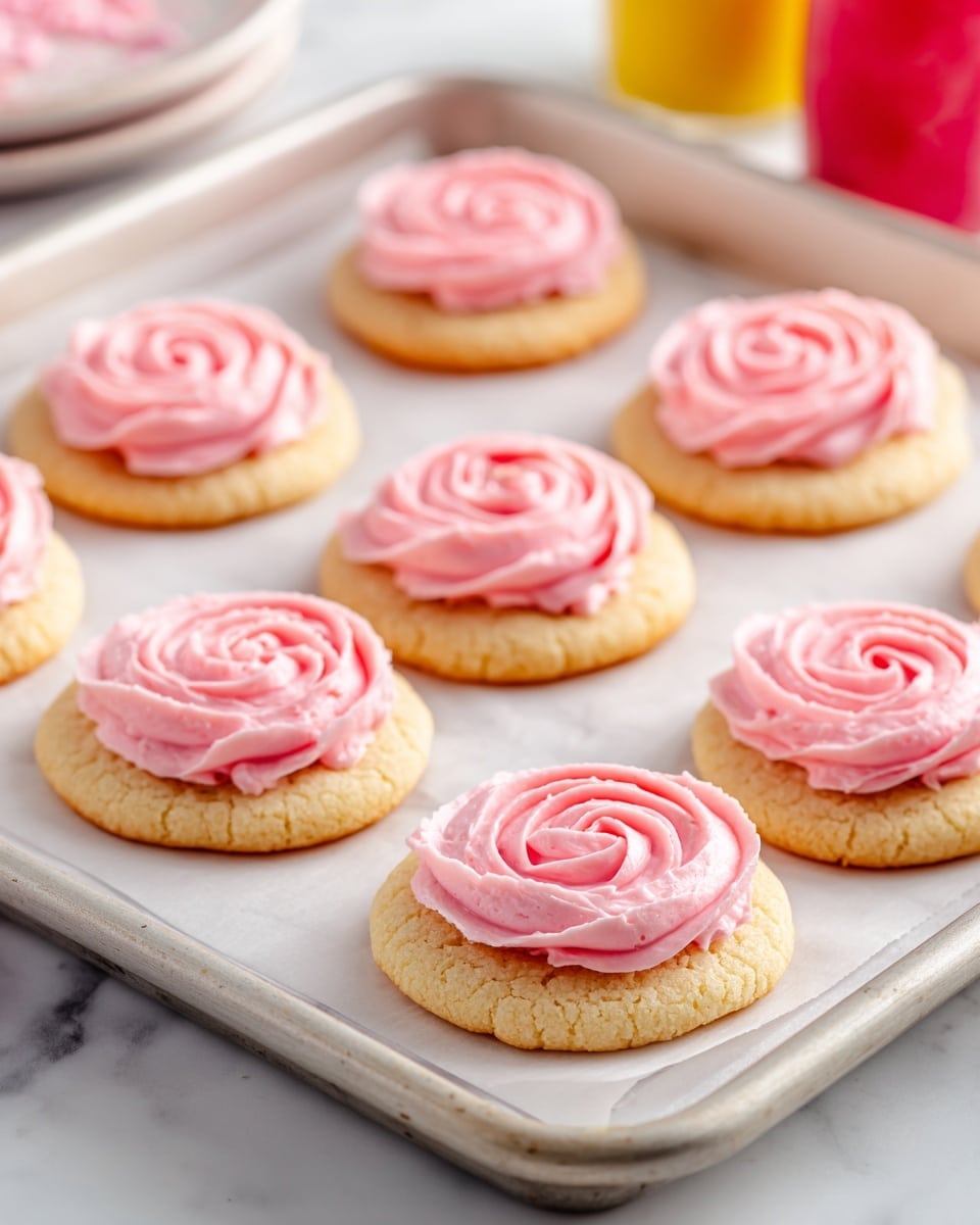 The image shows a baking tray lined with white parchment paper holding about ten pink cookies, each with a single layer of soft, swirled light pink frosting on top. The cookies are round with a slightly cracked texture and the frosting is piped in a rose-like pattern with smooth, curved layers sitting centered on each cookie. The tray is on a white marbled surface, and the background has blurry colors like yellow and red, suggesting kitchen objects nearby. photo taken with an iphone --ar 4:5 --v 7