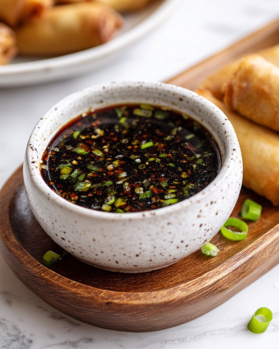 A small white speckled bowl filled with a dark brown soy-based sauce, topped with small pieces of chopped green onions and scattered sesame seeds, placed on a wooden board. In the background, a white marbled surface with blurred green onions and a white plate holding golden brown spring rolls are visible. The sauce has a glossy texture with visible reflections of light. Photo taken with an iphone --ar 4:5 --v 7