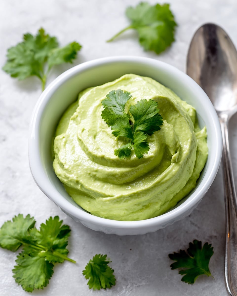 A small white bowl filled with a smooth, light green creamy dip, swirled gently on top and garnished with a few small fresh green cilantro leaves. The bowl is placed on a white marbled texture surface with scattered cilantro leaves around it, and a simple silver spoon lies to the right of the bowl. The overall look is fresh, clean, and bright. photo taken with an iphone --ar 4:5 --v 7