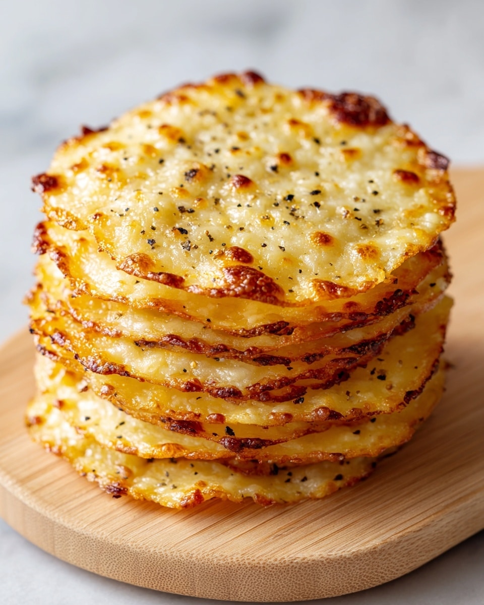 A stack of seven round, thin cheese crisps is shown on a light wooden board over a white marbled surface. Each crisp is golden yellow with spots of darker brown where the cheese has browned and crisped at the edges. The top crisp shows a bubbly texture with small melted holes and a lightly burnt edge. Some black pepper flakes are scattered on the top crisps. The stack looks crunchy with slightly curled edges and a shiny, oily surface. A blurred white background adds softness to the image. Photo taken with an iphone --ar 4:5 --v 7