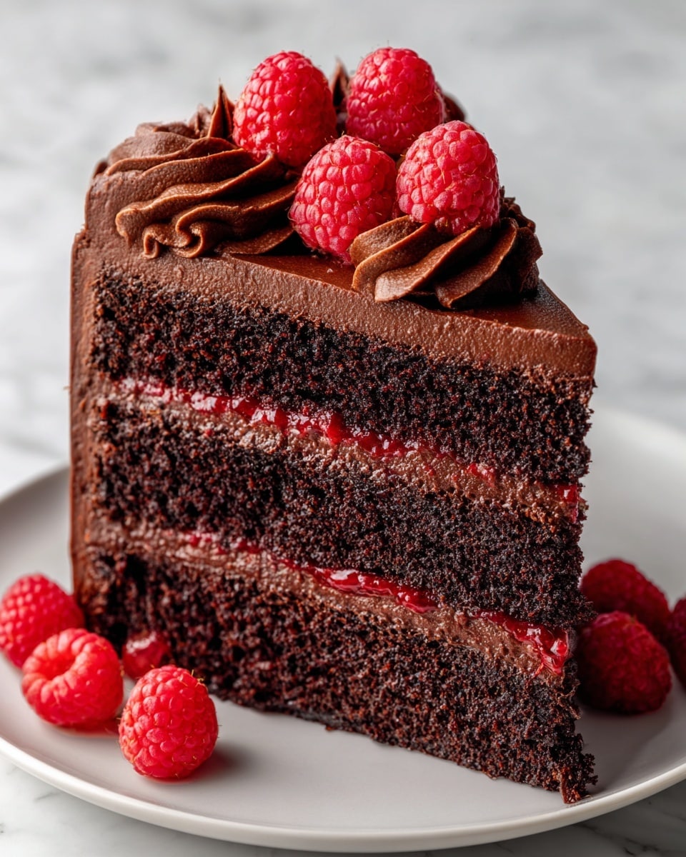 A slice of chocolate cake with three dark, rich layers separated by two thin layers of bright red raspberry filling. On top of the cake is smooth, glossy chocolate frosting covering the whole surface, with a swirl of thicker chocolate cream in the center, decorated with three fresh red raspberries. The cake sits on a white plate, and the background is a white marbled texture. The photo taken with an iphone --ar 4:5 --v 7