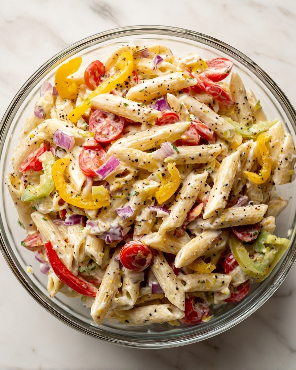 A bowl filled with creamy pasta salad is shown from above. The salad has several layers mixed together: light yellow penne pasta, creamy white sauce coating each piece, small bright red cherry tomato halves, thin pale yellow-green slices of pepper, bits of thin red and purple onion, and small pieces of light brown meat or bacon. Everything is mixed closely, showing a thick, chunky texture with specks of black pepper. The bowl is clear glass and placed on a white marbled surface. photo taken with an iphone --ar 4:5 --v 7