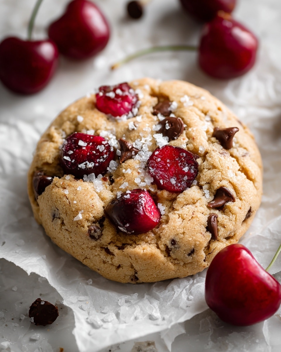 A close-up view of a round cookie with a soft, golden brown texture, studded with melted dark chocolate chips and halved deep red cherries. The cookie surface shows a slightly uneven, homemade look with fine granules of salt sprinkled on top, adding a subtle sparkle. Surrounding the main cookie are other similar cookies partially visible, along with whole shiny cherries scattered around on crumpled white parchment paper that lies on a white marbled surface. The image captures a warm and inviting feel, highlighting the gooey chocolate and juicy fruit contrast, photo taken with an iphone --ar 4:5 --v 7