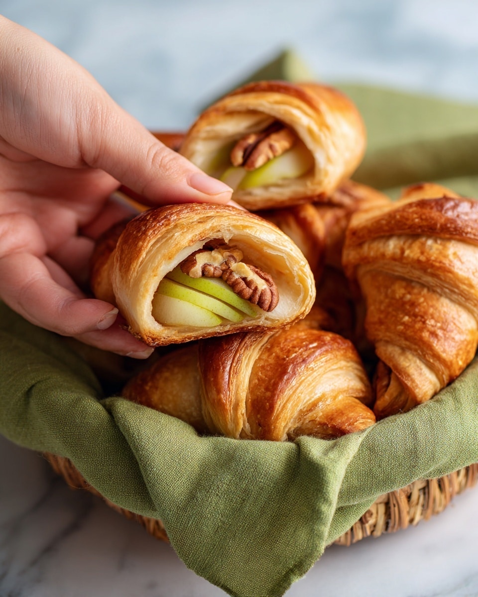 The image shows a close-up of several crescent rolls filled with pecans and slices of what looks like pear, lightly browned and baked to a golden color. The rolls have a soft, flaky texture with visible cinnamon or spice sprinkled on top, nestled in a green cloth inside a white bowl. The pear slices peek out from the folded dough, adding a fresh, light contrast to the warm tones of the pecans and pastry. The cloth adds a cozy feel to the composition, and the whole scene rests on a white marbled surface. Photo taken with an iphone --ar 4:5 --v 7