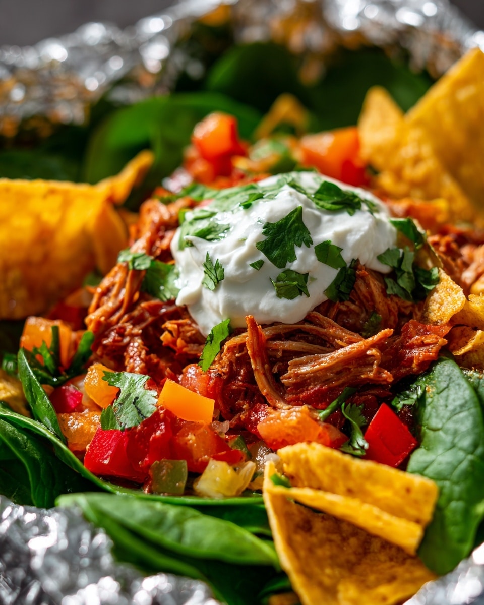 This image shows a foil pouch filled with a layered dish. The bottom layer consists of fresh green spinach leaves, topped unevenly with bright yellow tortilla chip pieces. Above the chips, there is a mix of finely chopped red, orange, and yellow peppers with small green herb bits, adding vibrant color and texture. In the corners of the pouch, shredded reddish-brown seasoned meat is visible, adding richness. A dollop of smooth white sour cream sits on top in the center, garnished with small green cilantro leaves. The foil pouch reflects light around the food and the background has a white marbled texture. Photo taken with an iphone --ar 4:5 --v 7