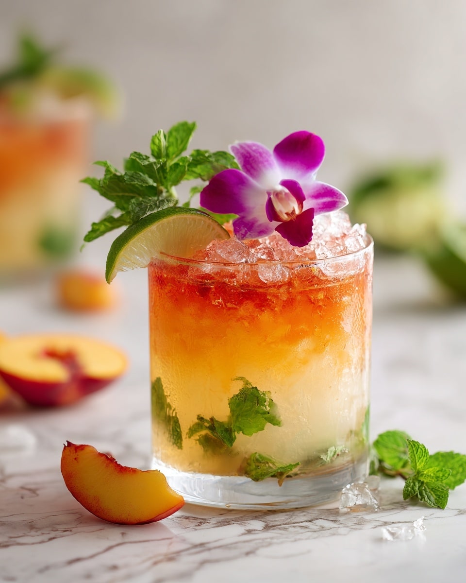 A clear glass filled with a layered drink sits on a white marbled surface. The bottom layer is pale yellow with green mint leaves floating right above it. Midway up the glass is a thin, round lime slice pressed to the inside, adding a translucent green and yellow touch. On top of the drink, crushed ice creates a textured, shiny orange-red layer. The drink is decorated with a small purple and white orchid flower, a small slice of peach, and fresh mint sprigs near the edge of the glass. In the background, blurred slices of peach and another glass with a similar drink are visible. photo taken with an iphone --ar 4:5 --v 7