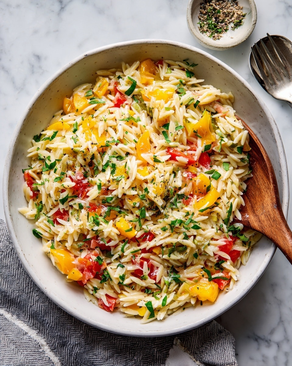A white bowl filled with a colorful orzo pasta salad sits on a white marbled surface. The salad has three visible layers: the bottom layer is pale yellow orzo pasta, the middle layer shows pieces of chopped red tomatoes and small green herbs mixed throughout, and the top layer has chunks of yellow bell pepper and more green herbs scattered. A wooden spoon is partially placed inside the bowl, held by a woman's hand entering from the right side. Nearby are a white cloth on the left, a small bowl of black pepper on the upper right, and a fork to the bottom right of the image. Photo taken with an iphone --ar 4:5 --v 7