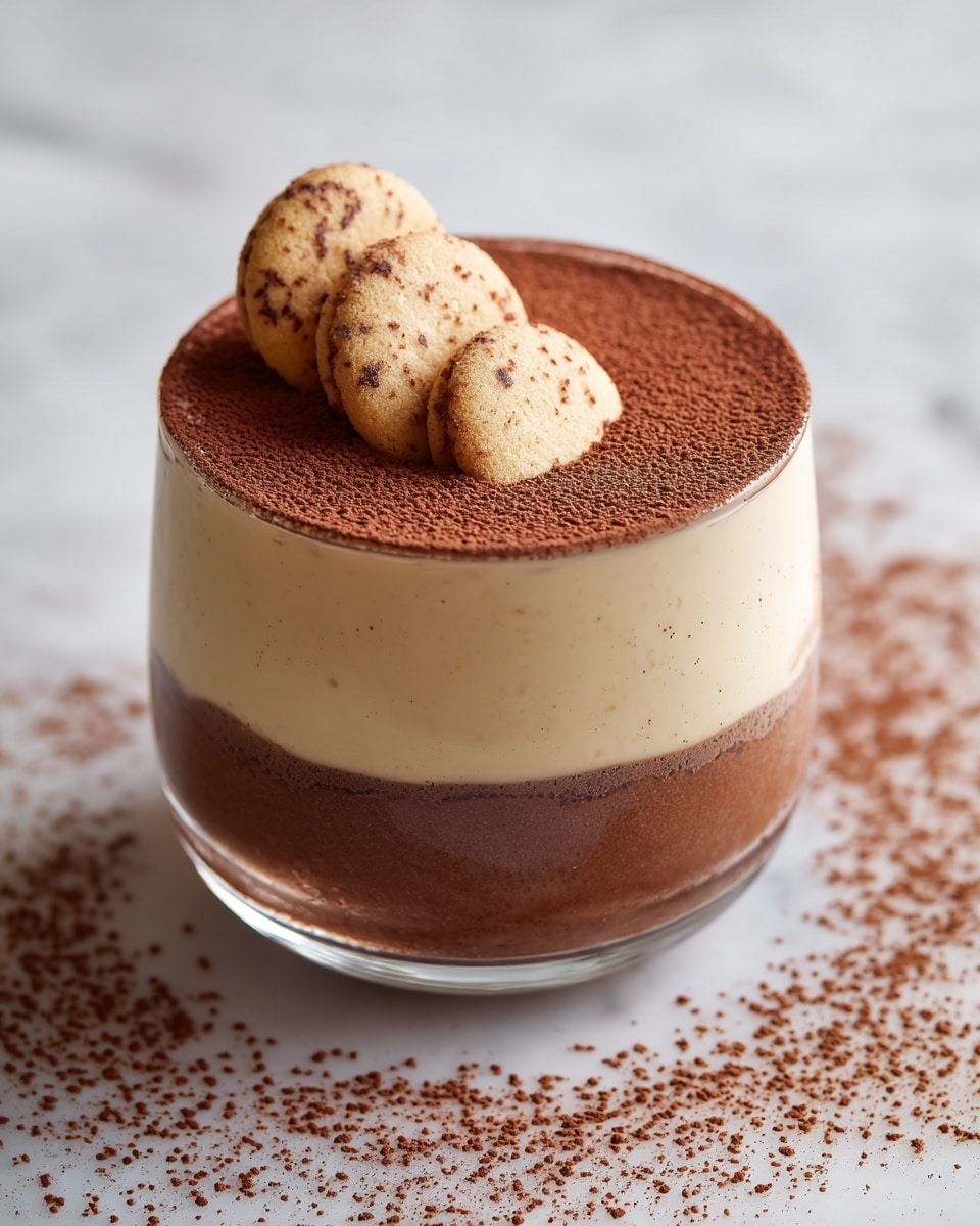 The image shows a clear glass cup with three visible layers of dessert. The bottom layer is dark brown and smooth, almost like chocolate pudding. The middle layer is creamy light brown with a soft texture. The top layer is a dusting of cocoa powder covering the surface, and three dollops of light cream sit on top, sprinkled lightly with more cocoa powder. The glass is placed on a white marbled surface with some scattered cocoa powder around. The photo taken with an iphone --ar 4:5 --v 7