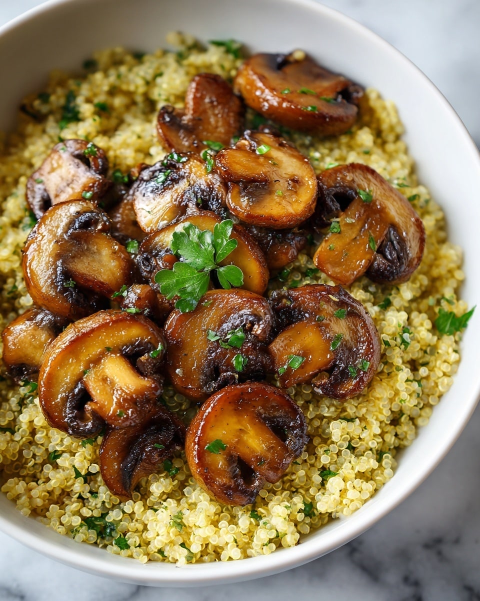 A close-up view of a white bowl filled with two main layers; the bottom layer is light golden cooked quinoa with small, round, translucent grains and some green herb pieces mixed in, having a soft and fluffy texture. The top layer consists of browned sautéed mushroom slices, varying in size, with a glossy, slightly oily surface and dark brown edges, arranged evenly above the quinoa. A small green herb sprig is placed as garnish in the center, adding a fresh contrast to the warm tones. The bowl sits on a white marbled surface. photo taken with an iphone --ar 4:5 --v 7