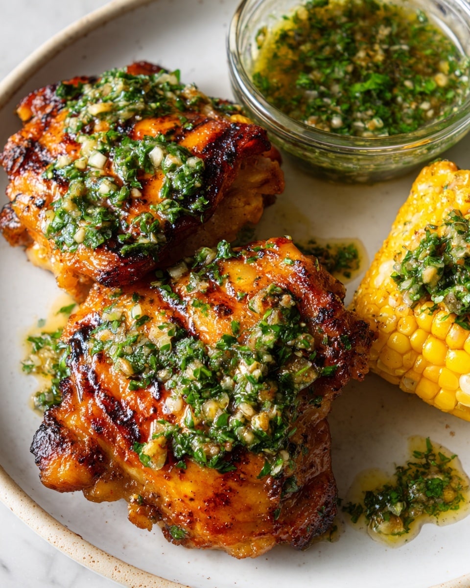 A close-up view of two grilled chicken thighs stacked slightly on a white plate with a white marbled texture underneath; the chicken is golden-brown with crispy char marks and is topped with a bright green, chunky herb sauce scattered unevenly across the surface. To the upper right of the chicken is a small white bowl filled with more of the vibrant green sauce, showing a coarse and oily texture. Just beside the bowl is a piece of grilled yellow corn, cut into a small segment, with green herb sauce drizzled over it, creating contrast with the bright yellow kernels. The overall colors are warm and fresh, with the green sauce adding a lively touch. photo taken with an iphone --ar 4:5 --v 7