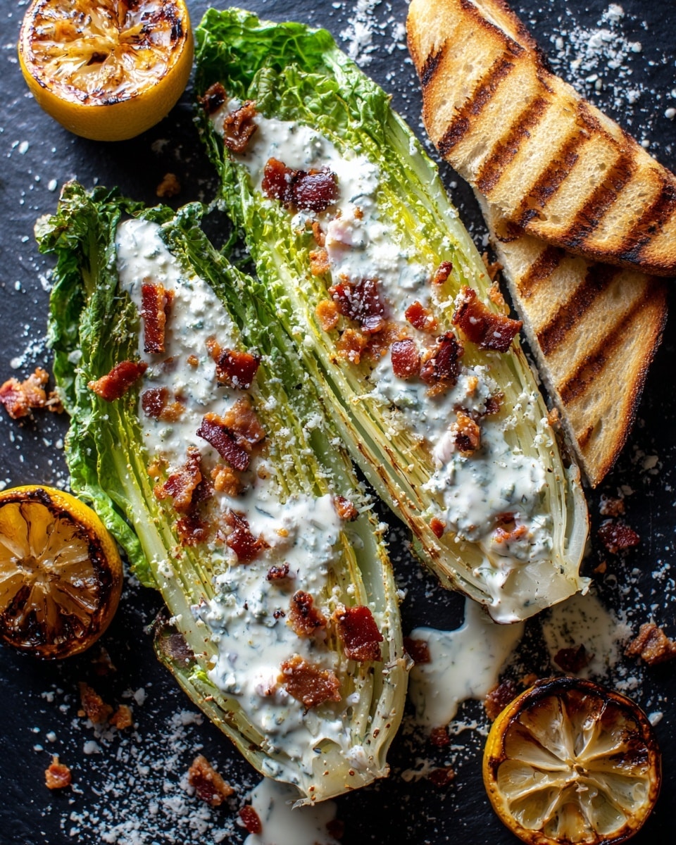 Two grilled green romaine lettuce halves lie side by side on a white marbled texture. Each half is topped with creamy white dressing, sprinkled with small pieces of crispy brown bacon, and lightly dusted with grated white cheese. To the top right, two slices of toasted, golden brown bread rest partially overlapping. Two grilled lemon halves with caramelized yellow and brown surfaces sit near the lettuce, one to the top left corner and one at the bottom right. There are small splashes of dressing and specks of cheese scattered around on the surface. Photo taken with an iphone --ar 4:5 --v 7
