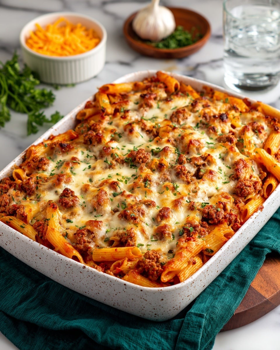 The image shows a white speckled baking dish filled with baked pasta. The top layer is golden yellow melted cheese with some crispy browned spots, sprinkled with small green herb bits. Underneath, you can see tubes of penne pasta coated in a reddish-brown meat sauce, with visible chunks of ground meat mixed throughout. The entire dish sits on a dark green cloth on a white marbled surface. In the background, there is a blurred white bowl with shredded cheese, a bunch of green herbs, a glass of water, and a head of garlic. photo taken with an iphone --ar 4:5 --v 7