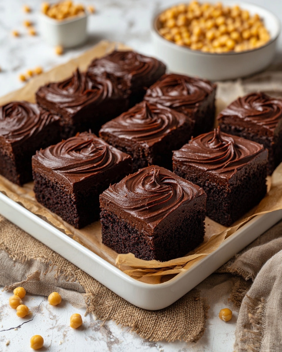 Nine square pieces of rich chocolate brownies sit neatly on a white tray lined with brown parchment paper. Each brownie has two visible layers: a dark, moist base with a slightly crumbly texture and a smooth, glossy chocolate frosting on top, showing swirled patterns in the shiny surface. The brownies look thick and dense, and one piece in the front left corner has a small bite taken out, revealing the inner moist layer. Around the tray, there is a burlap cloth with a few light-colored chickpeas scattered on the white marbled surface, and in the background, a white bowl filled with more chickpeas is slightly out of focus. photo taken with an iphone --ar 4:5 --v 7