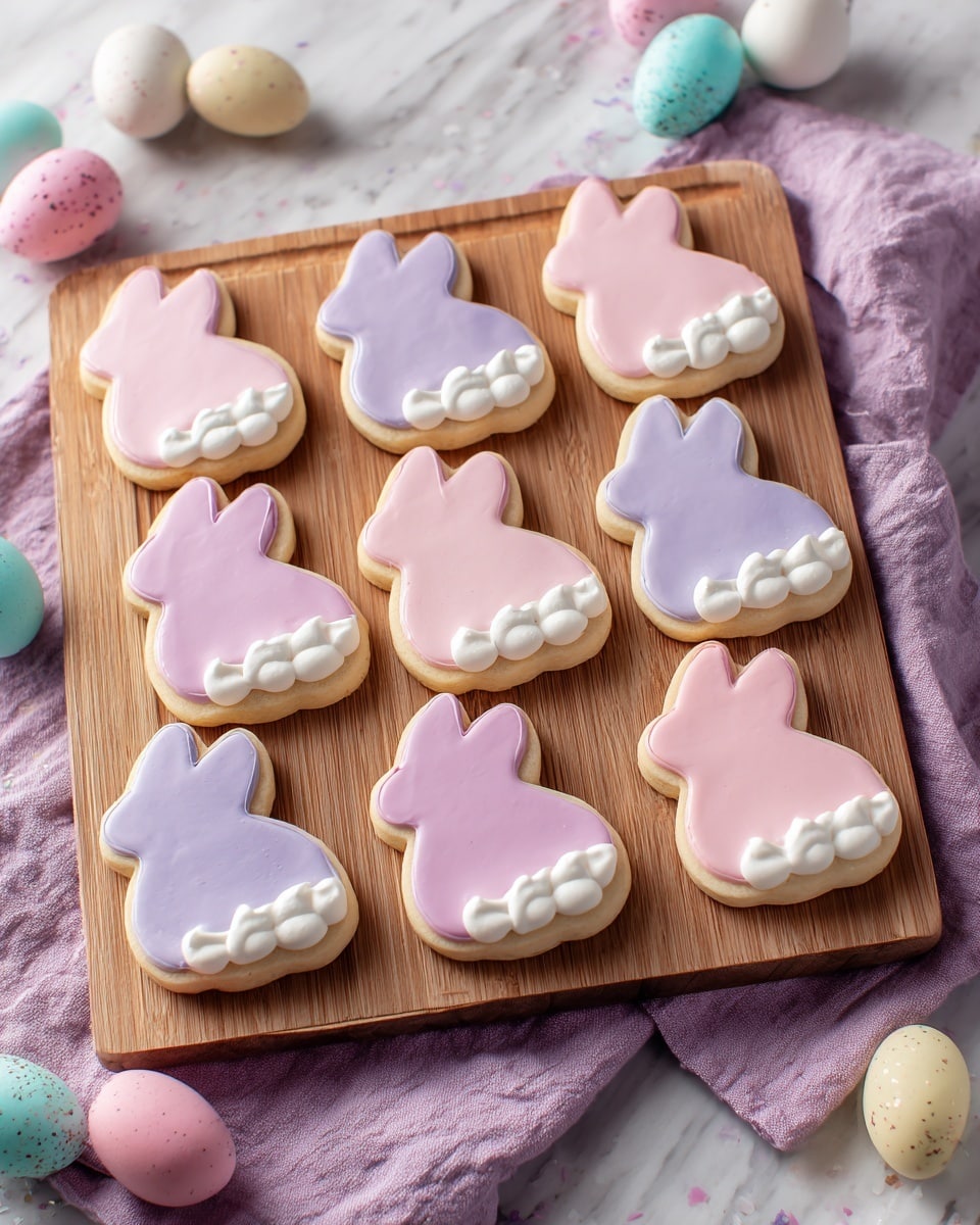 The image shows nine bunny-shaped cookies arranged neatly in a 3 by 3 grid on a wooden cutting board. Each cookie has a smooth, pastel-colored icing layer with alternating shades of soft pink and light purple covering the entire bunny shape. At the base of each bunny, there is a small, white cream puff that looks like a fluffy tail. The wooden board rests on a folded lavender cloth, and the background features a white marbled texture with pastel-colored confetti and painted eggs scattered around, creating a soft and festive atmosphere. Photo taken with an iphone --ar 4:5 --v 7