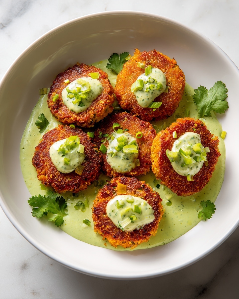 The image shows six round, golden-brown crab cakes with a crispy, slightly charred outer layer, arranged closely on a white plate. Each crab cake sits on a smooth, light green creamy sauce spread layer on the plate, with small dollops of the same green sauce on top. Bright green chopped scallions and fresh parsley leaves are scattered over and around the crab cakes. A few larger celery leaves decorate the plate, adding texture and a fresh touch. The background is a white marbled surface. photo taken with an iphone --ar 4:5 --v 7