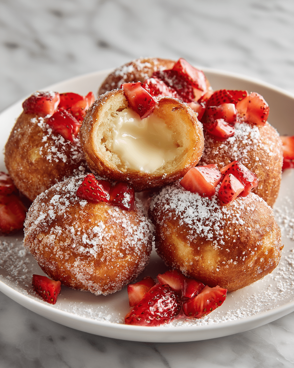 A white plate holds several golden-brown fried rolls with a crispy, slightly sugar-coated outer layer. One roll in the center is bitten open, showing a smooth, creamy, pale yellow filling inside. The rolls are topped with bright red chopped strawberries that add vibrant color, and some powdered sugar is sprinkled lightly over the rolls. The plate is set on a surface with a white marbled texture. The photo taken with an iphone --ar 4:5 --v 7