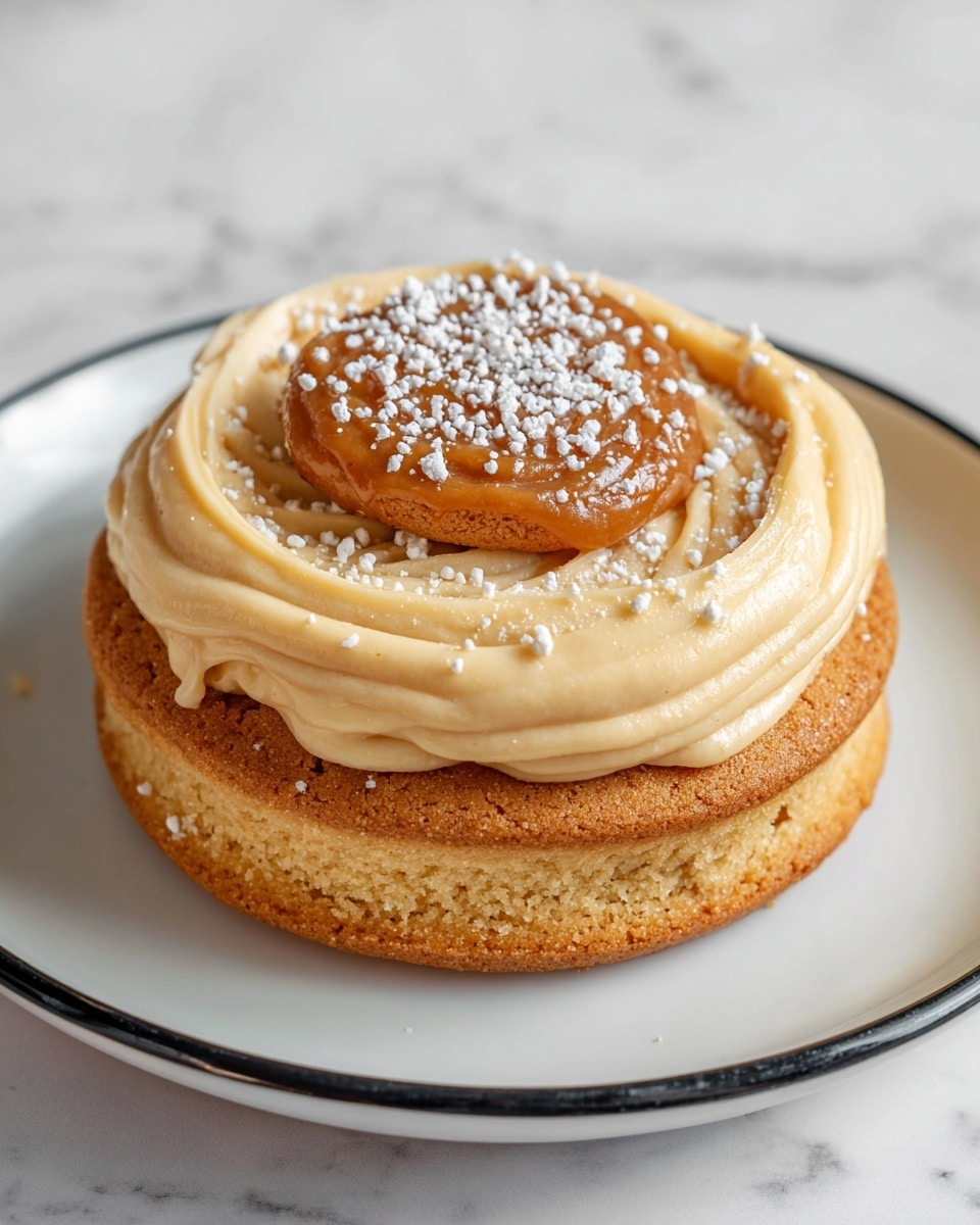 A close-up top view of a two-layer cookie dessert on a white plate with a white marbled surface background. The bottom layer is a large, golden brown cookie with a slightly rough texture. On top of this cookie is a thick swirl of creamy, pale yellow frosting covering its surface, smooth and glossy. The second layer is a smaller cookie placed in the center, also golden brown but with a cracked texture. The small cookie has a pool of shiny caramel sauce in its center, sprinkled with small spots of white powdered sugar. Photo taken with an iphone --ar 4:5 --v 7