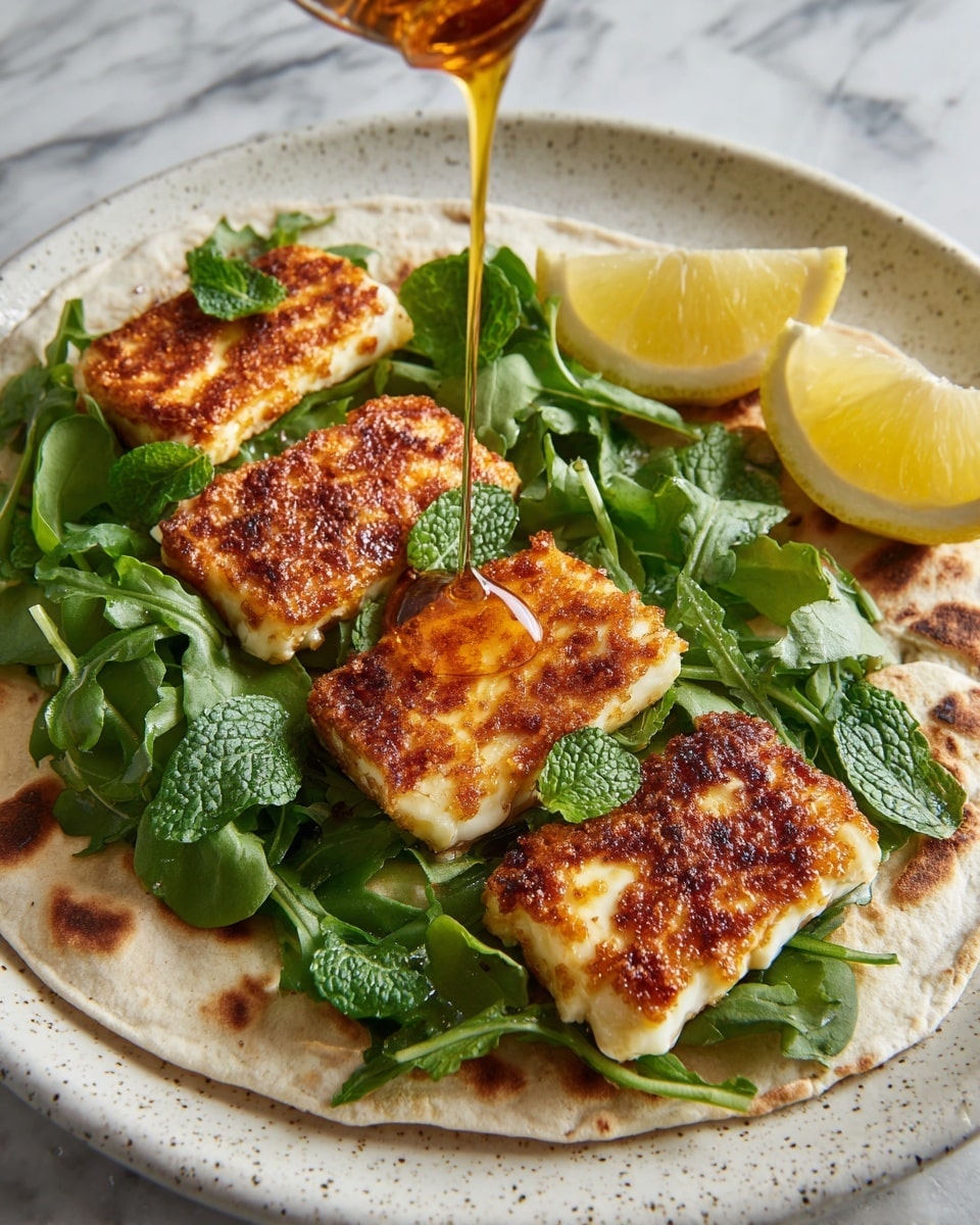 A white flatbread sits on a white plate with a white marbled texture underneath. On top of the flatbread is a fresh green mix of leafy herbs and greens forming the first layer. Above that are four thick, golden-brown grilled cheese slices with a crispy texture from the grilling, arranged in a line. A wooden honey dipper is shown dripping honey over the cheese, adding a glossy shine and amber color. Red chili flakes are sprinkled over the dish, adding small specks of red. In the background on the plate are two lemon wedges with bright yellow skin. photo taken with an iphone --ar 4:5 --v 7