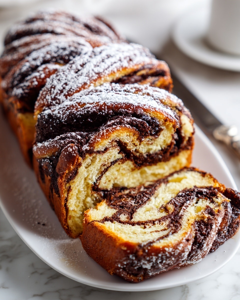 A loaf of braided chocolate babka bread is sliced to show two thick layers: a golden yellow soft bread twisted with rich, dark brown swirls of glossy chocolate filling. The top surface has a dusting of light white powdered sugar, highlighting the deep textures and folds of the twisted bread. The loaf sits on a white plate placed on a white marbled surface, with a metal knife blurred in the background. The scene focuses on the contrast between the light bread and dark chocolate layers. photo taken with an iphone --ar 4:5 --v 7