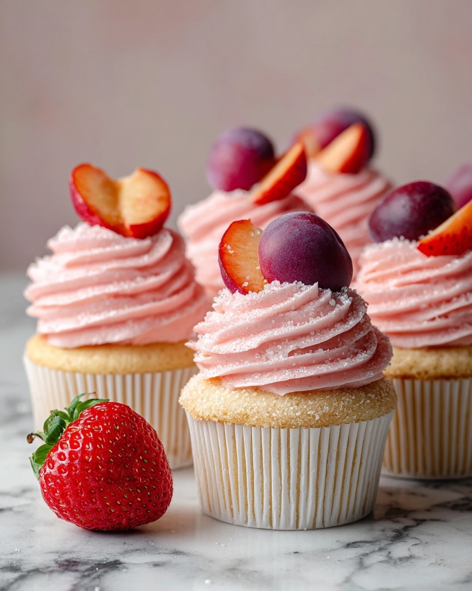 A group of five cupcakes with pink swirled frosting on top, each cupcake wrapped in white paper liners. The frosting is smooth and creamy with a light dusting of white sugar crystals. Each cupcake is decorated with a half strawberry and a thin slice of plum placed on the peak of the frosting. In the foreground, there is one whole red strawberry resting on a white marbled surface. The colors are soft pinks, reds, and creamy yellows. The photo taken with an iphone --ar 4:5 --v 7