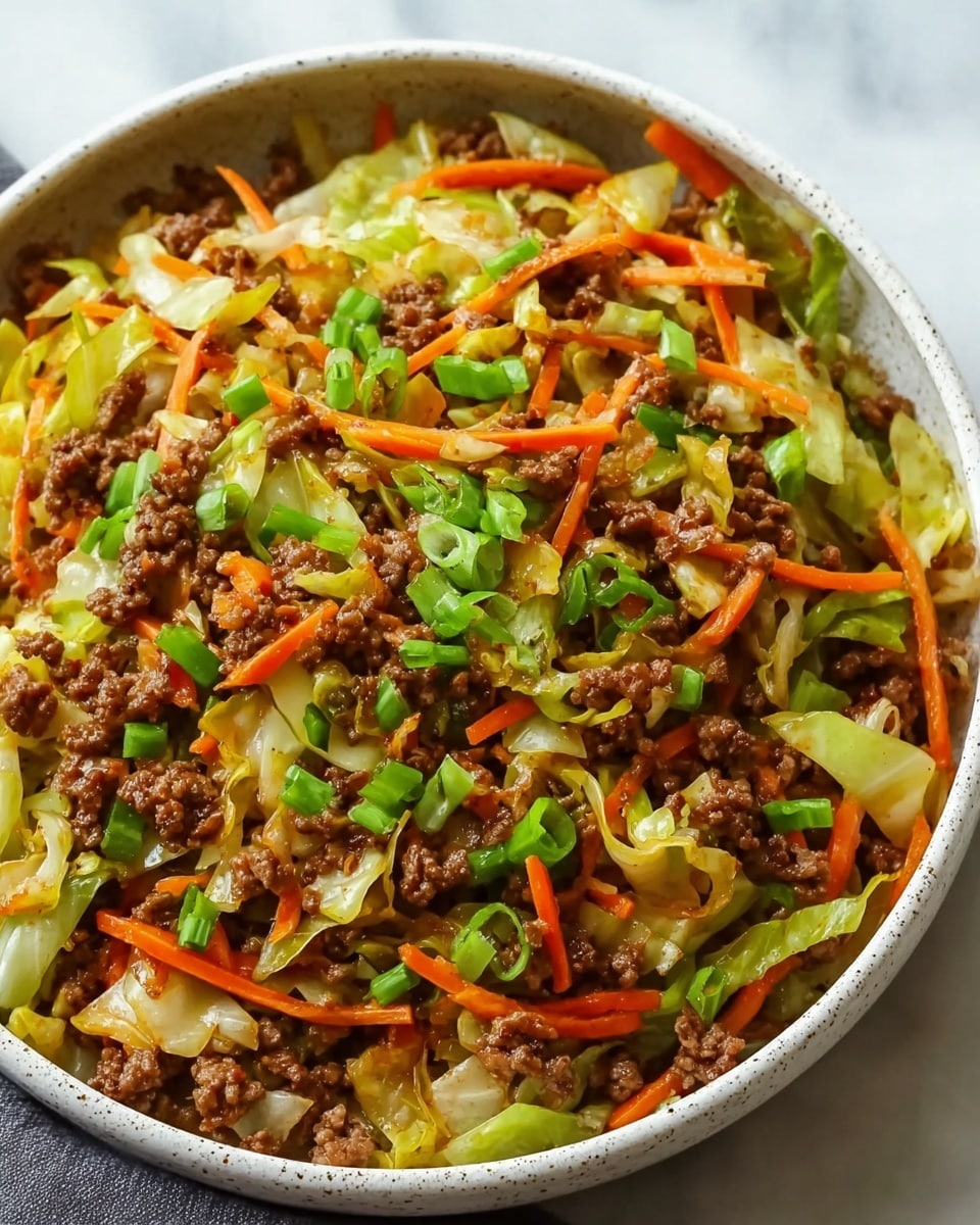 A close-up of a bowl filled with a colorful stir-fry dish showing three main layers, starting with a base of finely chopped light green cabbage pieces, mixed with thin, bright orange carrot strips scattered evenly throughout. The next layer consists of well-cooked, small, brown ground beef pieces mixed throughout the vegetables, creating a rich texture. The top layer is garnished with chopped green onions that add fresh green pops of color, along with small black sesame seeds sprinkled over the dish. The bowl is white with speckled dark spots and sits on a white marbled surface. photo taken with an iphone --ar 4:5 --v 7