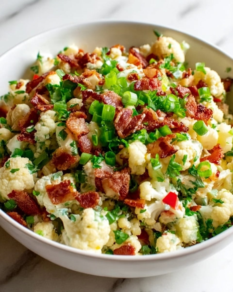 A white bowl filled with a colorful cauliflower salad showing about four layers: the base layer is light cream-colored roasted cauliflower pieces, topped with small green bits of chopped scallions and parsley, then scattered with crispy brown bacon pieces, and finished with tiny red bits of roasted red pepper. The textures vary from soft cauliflower to crunchy bacon. The bowl sits on a wooden surface with a white marbled background. Photo taken with an iphone --ar 4:5 --v 7