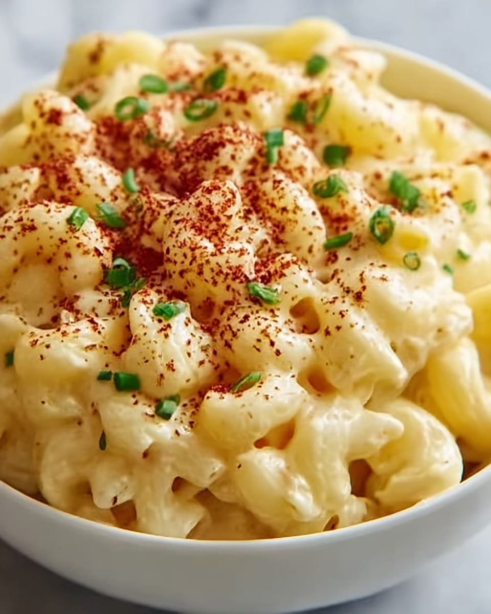 A close-up of creamy macaroni and cheese served in a white bowl on a white marbled surface. The dish has a thick layer of smooth, cheesy sauce that coats the small elbow pasta, creating a shiny, soft texture. On top, there is a light dusting of red paprika powder and small pieces of fresh green herbs scattered evenly, adding a pop of color and texture contrast. The macaroni is tightly packed and looks rich and warm. Photo taken with an iphone --ar 4:5 --v 7