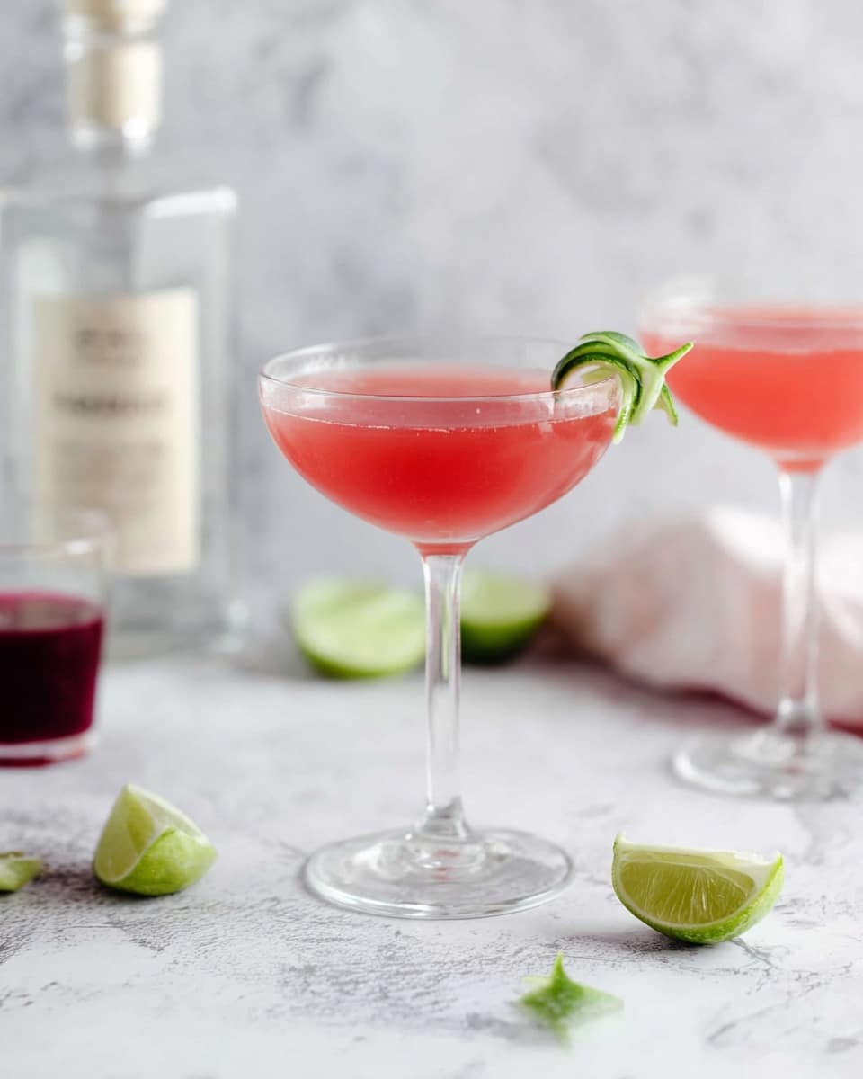 Two clear cocktail glasses filled with bright pink liquid with a smooth, slightly frothy texture form the main focus. Each glass stands tall on a thin stem and is garnished with a bright green lime peel twisted on the rim. Around the glasses, there are small lime wedges and squeezed lime halves with a juicy, pale green interior scattered on a white marbled surface. To the left, a partially visible clear bottle with a white label and a cork lies next to a small glass with dark red liquid inside. The whole scene is bright and clean, with soft natural light enhancing the colors and clarity of the drink and garnishes. Photo taken with an iphone --ar 4:5 --v 7