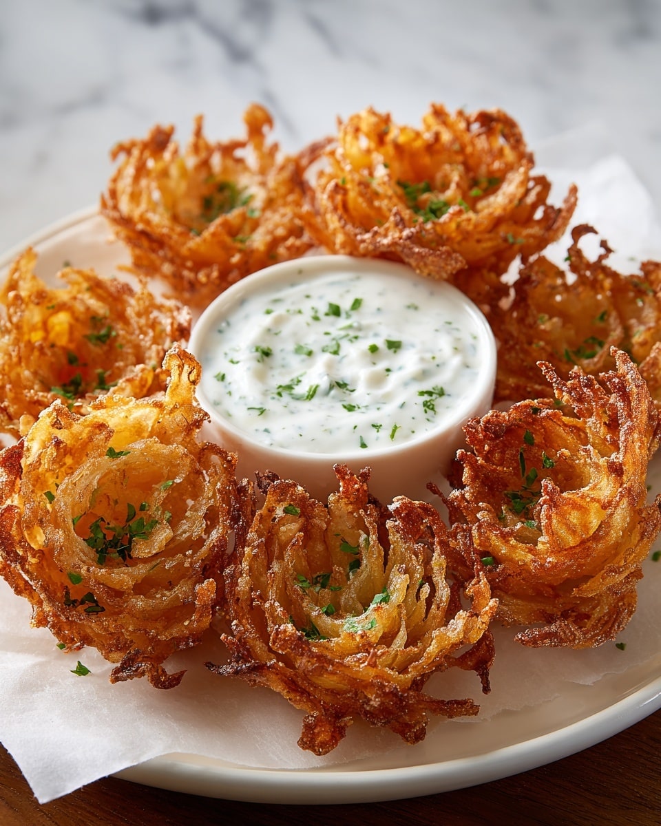 The image shows a white plate filled with eight golden-brown crispy fried onion blooms shaped like flowers, each having multiple thin, curly layers that look crunchy and slightly oily. The onion blooms are sprinkled with finely chopped green herbs, adding specks of fresh green color over the warm, toasted orange and brown tones of the onions. On the plate, there is a small white bowl filled with a creamy white dipping sauce, flecked with small green herb pieces. The plate rests on a white marbled surface, and the photo is taken close up, showing the texture details of the crispy onions and the sauce, with soft natural lighting giving a warm look. photo taken with an iphone --ar 4:5 --v 7