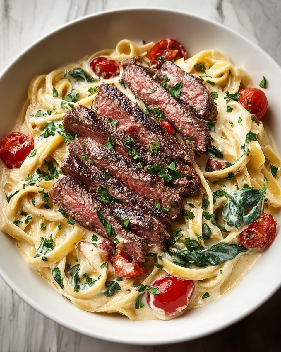 A round white bowl filled with creamy fettuccine pasta as the base layer, with a smooth off-white sauce coating the noodles. Mixed into the pasta are halved red cherry tomatoes and dark green spinach leaves, creating pops of color. On top of the pasta, five slices of medium-rare steak are arranged in the center, showing a brown grilled outer edge with a pink, juicy interior. Fresh chopped parsley is sprinkled evenly over the steak and pasta, adding bright green contrast. The bowl is placed on a white marbled surface. photo taken with an iphone --ar 4:5 --v 7