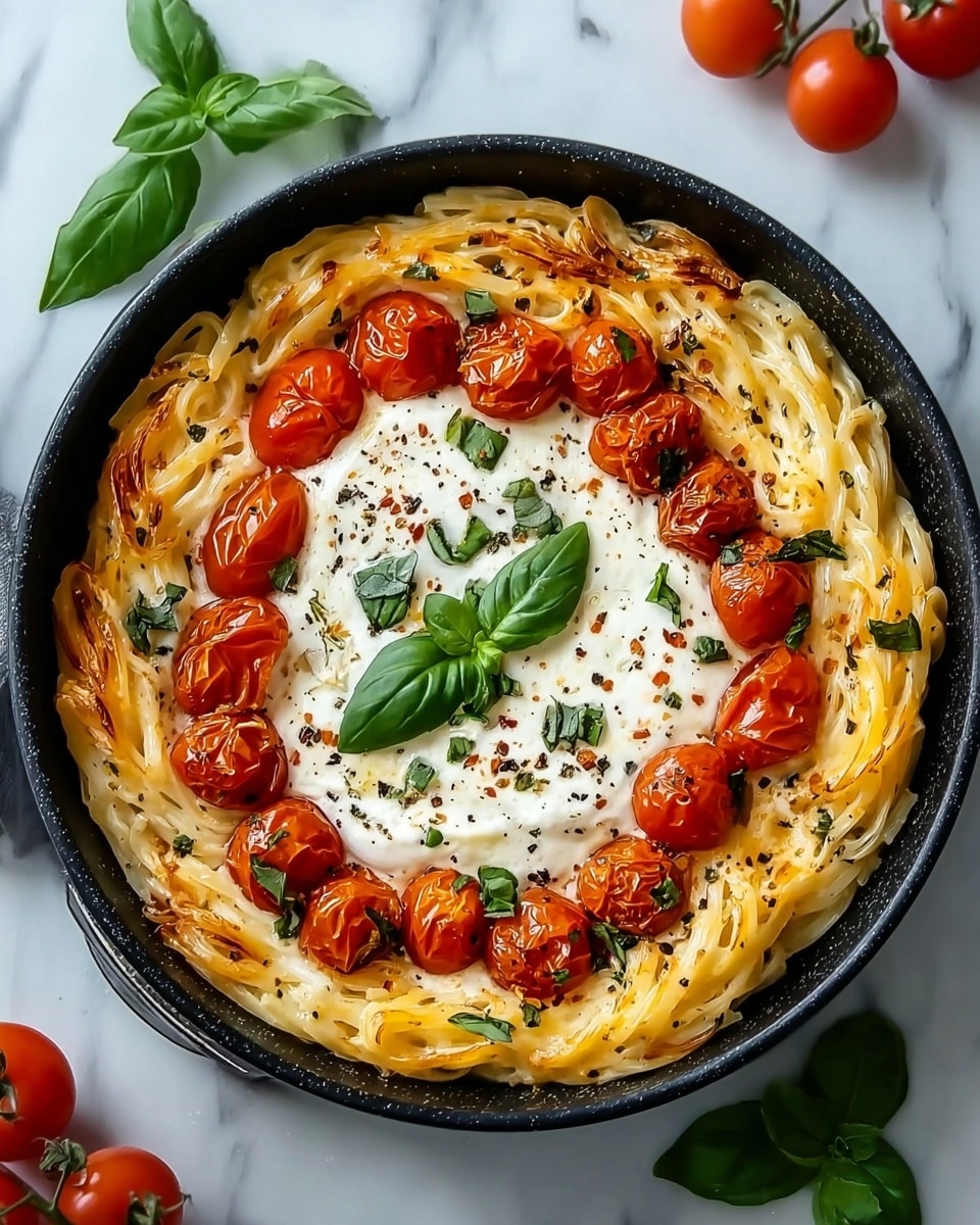 This image shows a black round pan filled with a layered dish. The bottom layer is light golden pasta or noodles arranged in a circular swirl pattern. On top of the pasta is a ring of roasted cherry tomatoes, bright red with a slightly soft texture. The center features a creamy white cheese or sauce with a smooth texture, sprinkled with black pepper and green basil pieces. A fresh basil leaf is placed on the very center for garnish. The pan is on a white marbled surface with some green basil leaves and whole cherry tomatoes nearby. Photo taken with an iphone --ar 4:5 --v 7