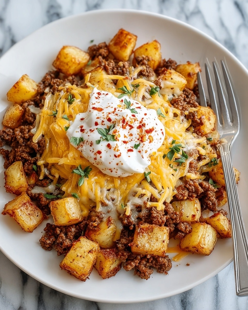 The white plate holds a dish with three distinct layers: the bottom layer is golden-brown roasted potato cubes with crispy edges, the middle layer is a generous amount of browned ground beef scattered evenly, and the top layer is a mix of melted yellow and white shredded cheese covering the beef and potatoes. In the center, there is a dollop of white sour cream sprinkled with red paprika and small green herb leaves, adding a fresh touch. A silver fork is placed on the right side of the plate, all set on a white marbled surface. photo taken with an iphone --ar 4:5 --v 7