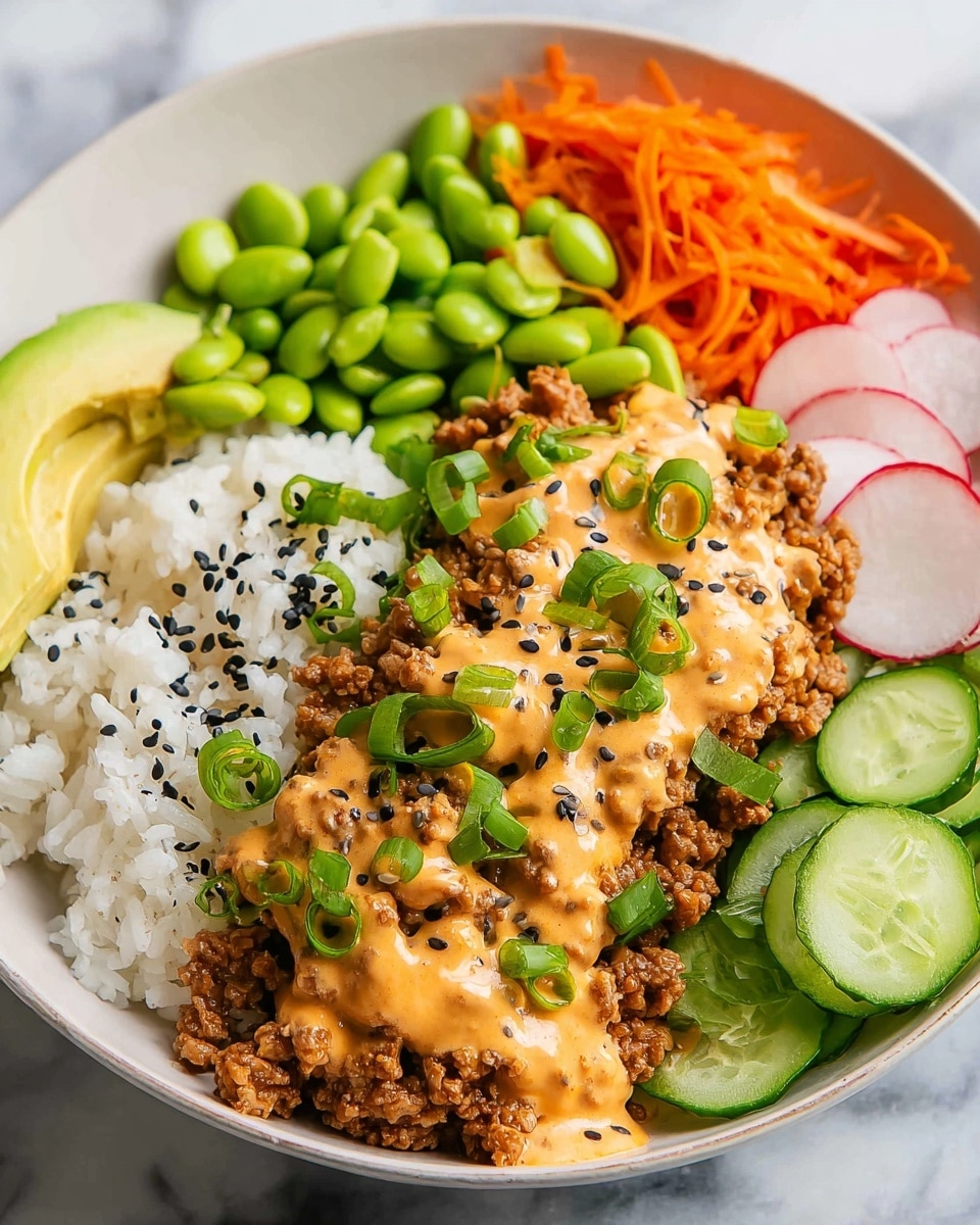 A white bowl contains a colorful dish arranged in several sections: at the bottom left is a layer of white rice sprinkled with black sesame seeds, next to it on the right is a serving of cooked ground meat covered with a creamy orange sauce and topped with chopped green onions and more black sesame seeds, above the meat are bright green edamame beans, sliced cucumbers and thinly shredded orange carrots in separate sections, with a few sliced radishes peeking from the top left corner and a slice of avocado on the side. The bowl sits on a white marbled surface. photo taken with an iphone --ar 4:5 --v 7