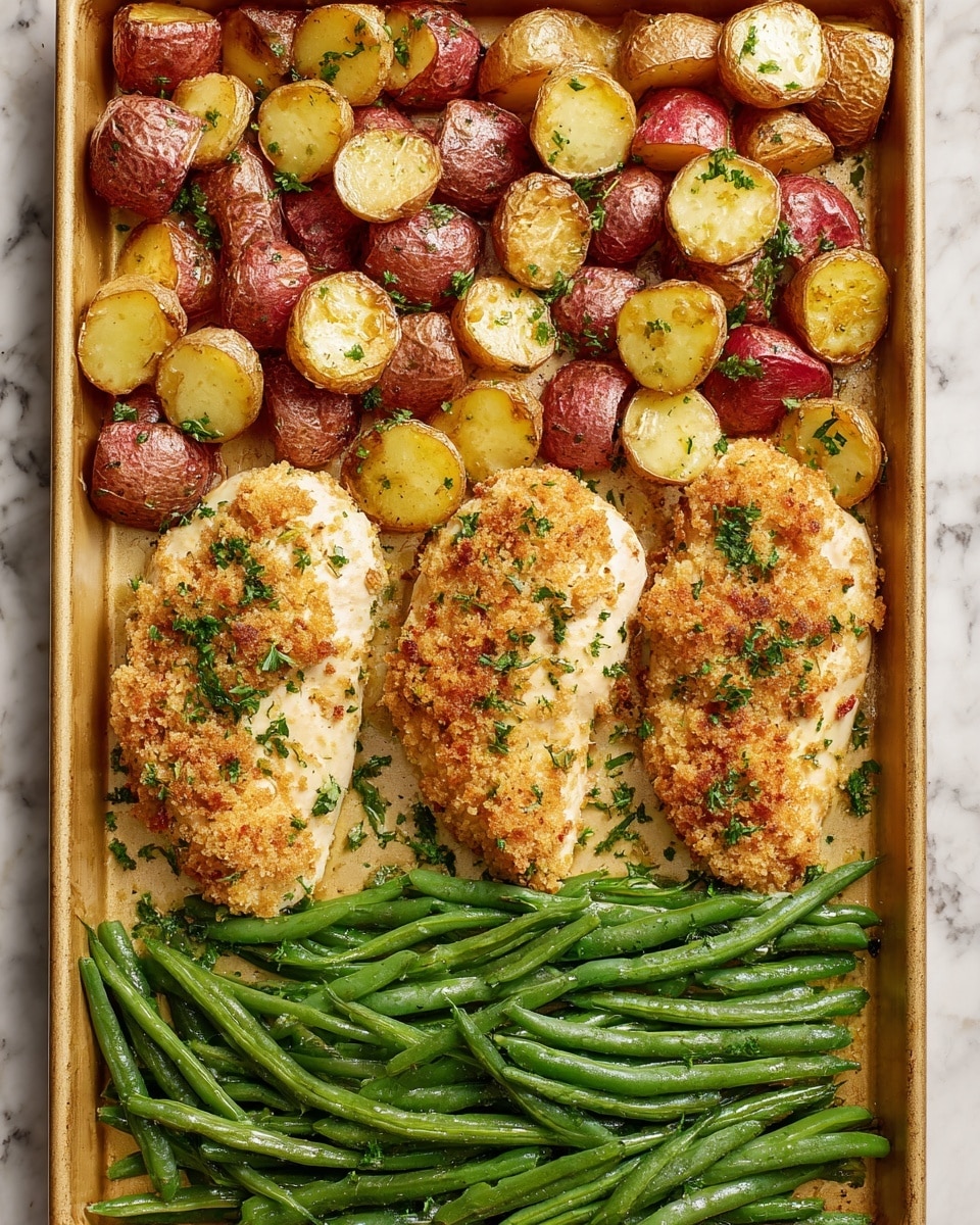 A golden baking tray filled with a meal made of three main parts: at the top, there are many small, crispy roasted potato chunks with red skin and light yellow inside, sprinkled with green parsley; in the middle, three breaded, baked chicken breasts with a golden, crunchy crust topped with some parsley bits, evenly spaced side by side; at the bottom, a neat layer of shiny, bright green cooked green beans, arranged parallel and tightly packed. The tray rests on a white marbled textured surface. photo taken with an iphone --ar 4:5 --v 7