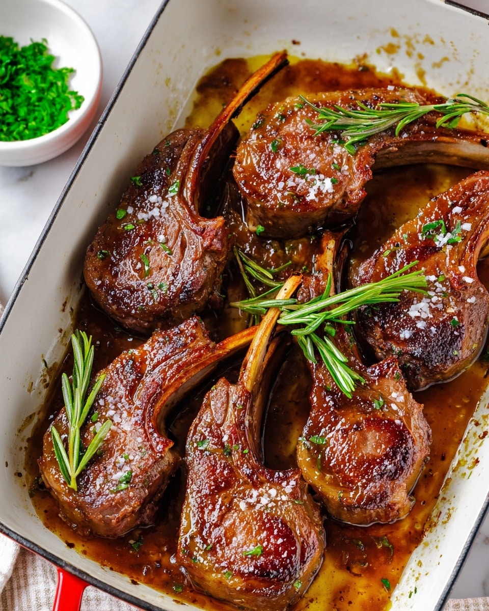 This image shows a white enamel dish with a red rim filled with six cooked lamb chops lying in a shallow pool of golden brown sauce with visible herbs and spices. The lamb chops have a rich brown sear with some crispy edges, showing a juicy texture and slight fat marbling. Two sprigs of fresh green rosemary rest on the sauce, adding a fresh touch. The dish is placed on a white marbled surface, with a small white bowl of chopped green onions visible in the lower left corner. photo taken with an iphone --ar 4:5 --v 7