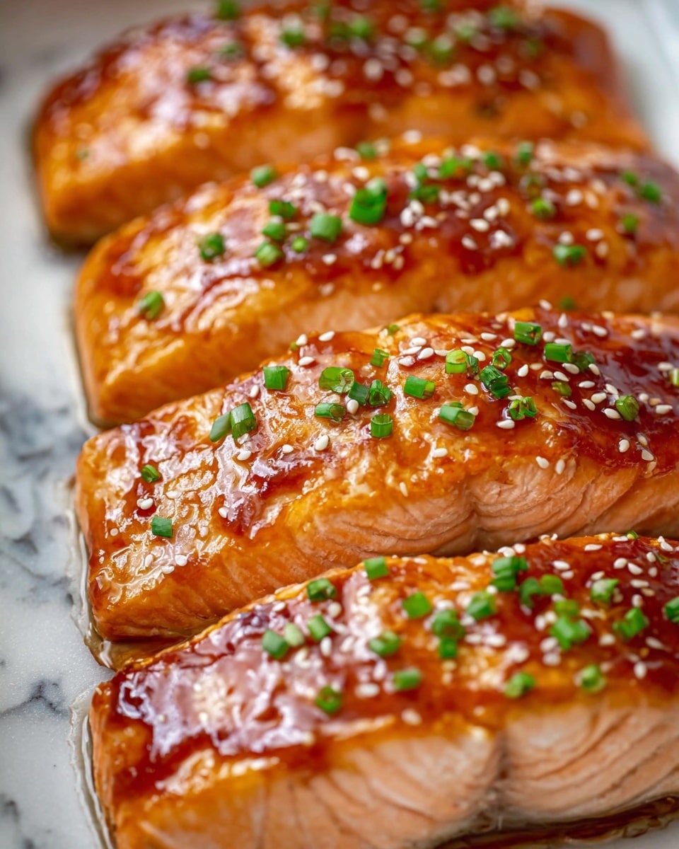 The image shows four pieces of cooked salmon fillets arranged close to each other in a dish, each with a shiny, golden-brown glazed top layer covered with small white sesame seeds and chopped green onions. The salmon flesh underneath is a light pink color, firm but moist, visible along the sides where the glaze does not cover. The glaze adds a glossy, sticky texture with some areas darker and caramelized. The base of the dish has a slight pool of orange-colored sauce around the fillets. The background is a white marbled texture. photo taken with an iphone --ar 4:5 --v 7