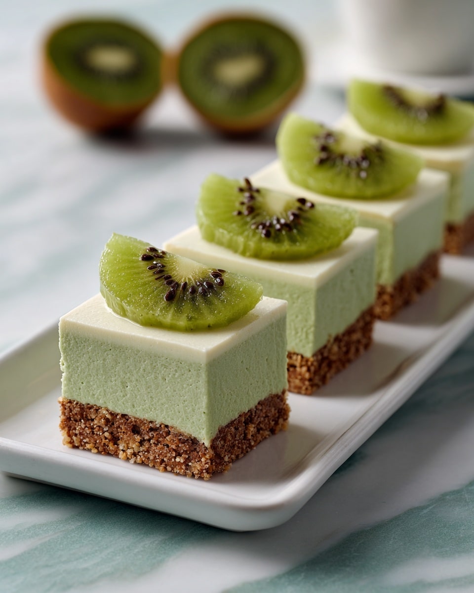 The image shows four small square pieces of dessert on a white rectangular plate. Each piece has three layers: a bottom layer of light brown textured crust, a thick middle layer of creamy off-white filling, and a top thin layer with a slice of green kiwi fruit centered on it. The background is a white marbled surface with blurred objects in the distance. Photo taken with an iphone --ar 4:5 --v 7
