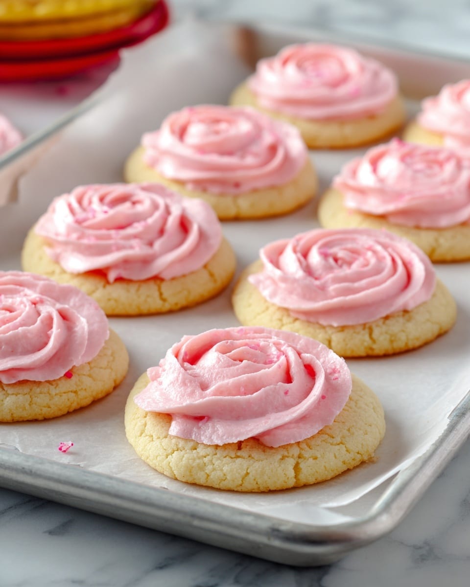 The image shows a wooden tray lined with white parchment paper holding a group of pink cookies. Each cookie has one layer, the base, which is soft and lightly cracked with a bright pink color. On top of each cookie is a thick swirl of light pink frosting shaped like a rose, giving a textured, creamy look. The frosting has a smooth and slightly glossy finish with small air bubbles visible. The background features a white marbled surface with blurry colorful objects. Photo taken with an iphone --ar 4:5 --v 7