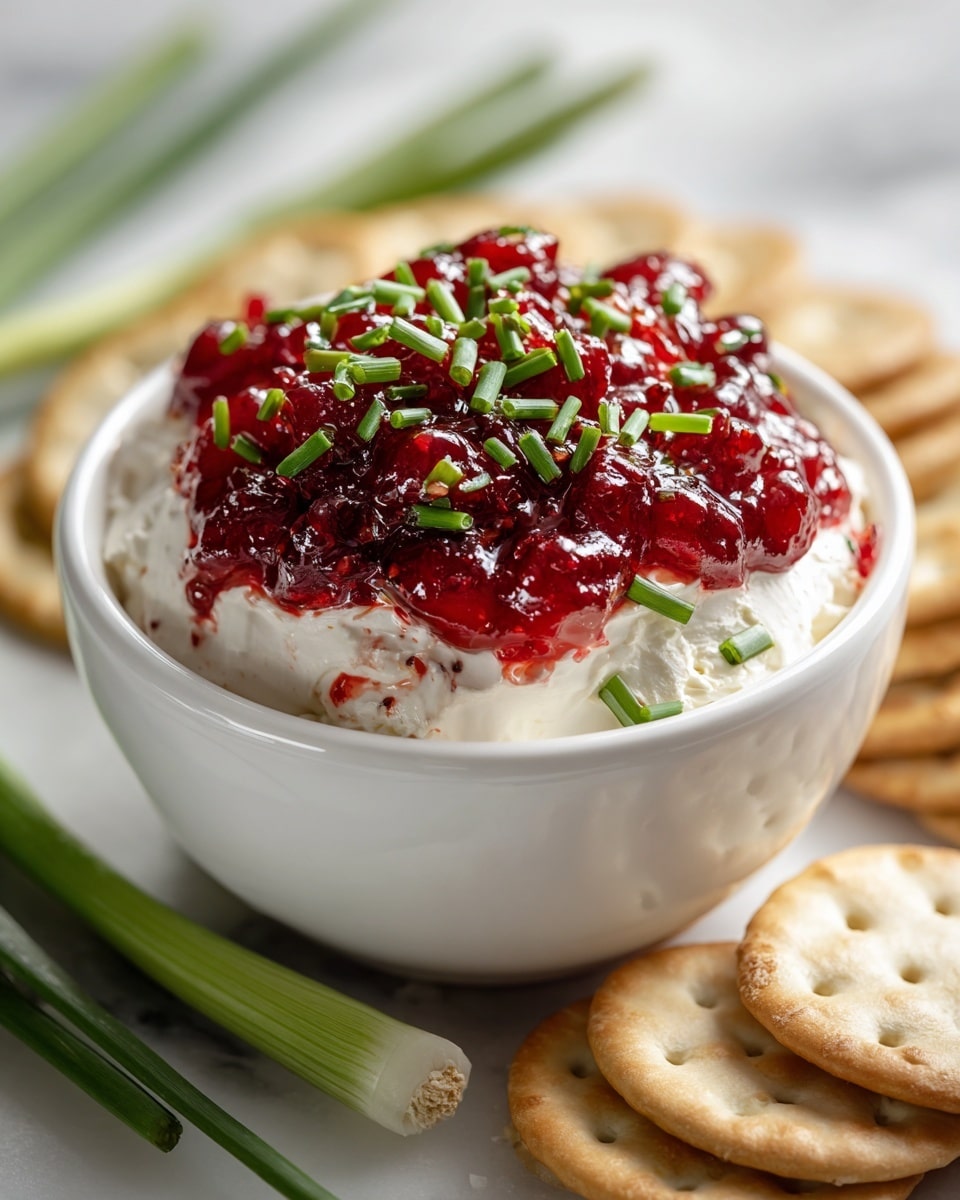 A white bowl filled with two main layers: the bottom layer is thick and creamy white, topped with a glossy, chunky deep red cranberry sauce. The sauce is garnished with small chopped green pieces, likely green onions, sprinkled on top. Around the bowl are white square crackers placed on a white marbled surface, and in the background, there is a white bowl with more red cranberries and some green stalks. photo taken with an iphone --ar 4:5 --v 7
