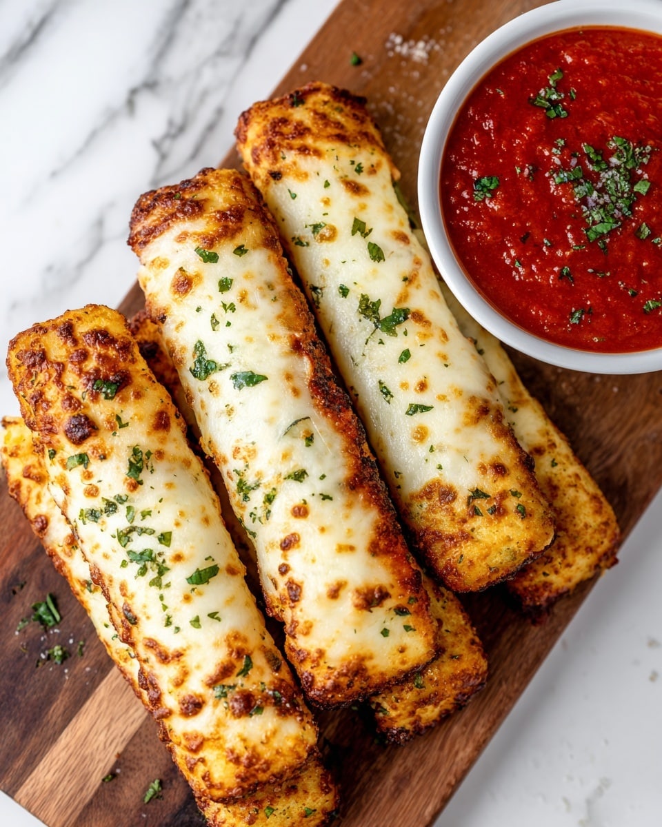 The image shows four golden brown breadsticks, each topped with melted cheese and small green herb pieces, arranged in a line. The breadsticks have a crispy texture with slightly browned cheese spots. To the right, there is a white bowl filled with bright red marinara sauce, also sprinkled with green herbs. The breadsticks and bowl are on a wooden board that rests on a white marbled surface. The scene is close-up, focusing on the food's texture and color. Photo taken with an iphone --ar 4:5 --v 7