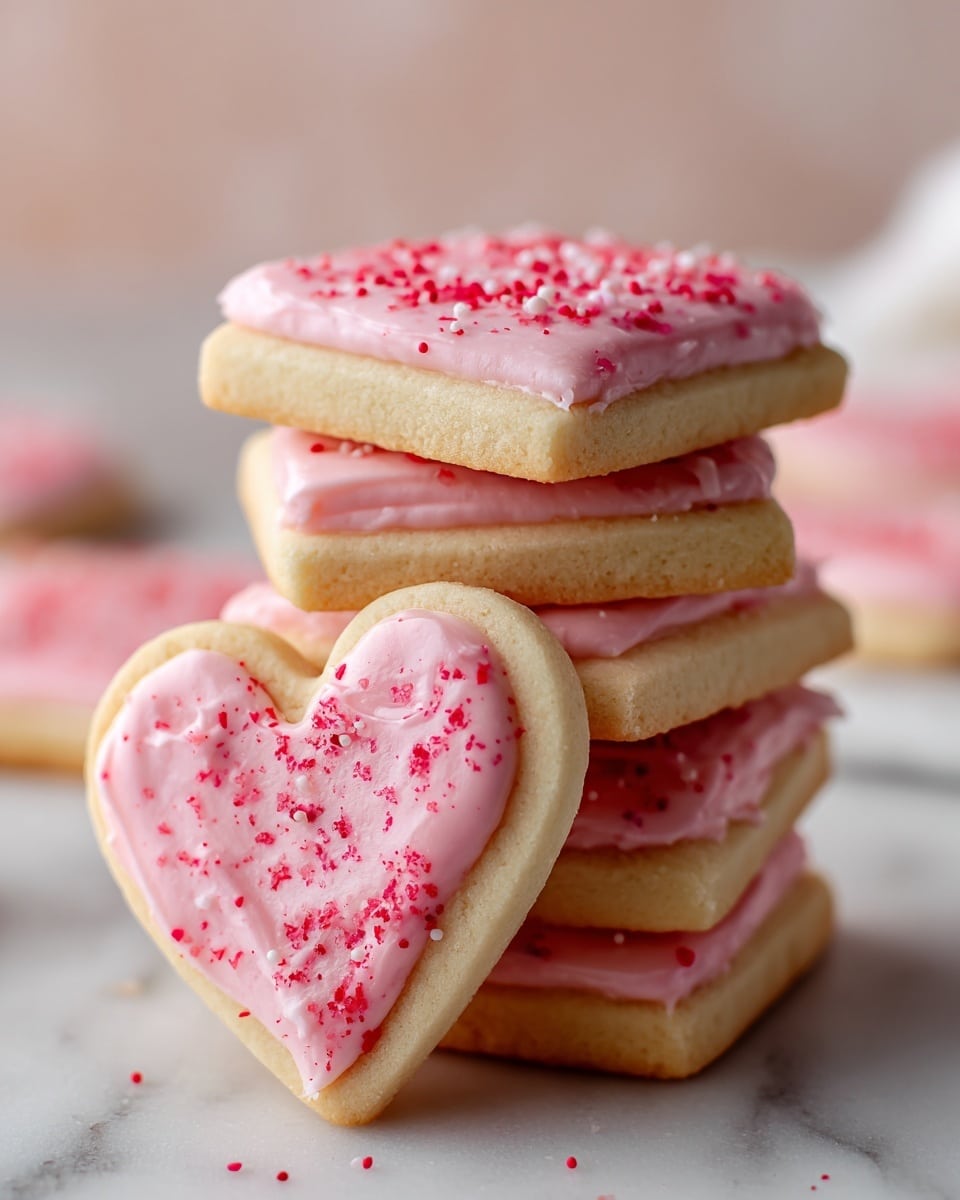 A close-up view of a heart-shaped cookie standing on its side, showing a creamy pink frosting with small red specks on top, covering the entire surface. Behind it, there is a stack of four square cookies, each with the same pale beige base and pink frosting with red specks evenly spread on the top layer, edges slightly dripping. The cookies have a smooth texture with a few tiny holes in the dough. The scene is set on a white marbled surface with a soft, blurred pink background that adds warmth. Photo taken with an iphone --ar 4:5 --v 7