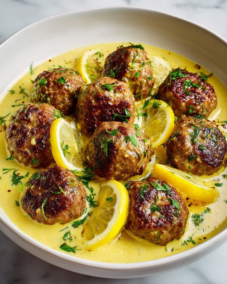 The image shows a white bowl filled with golden-brown meatballs, each with a slightly crispy outside, sitting in a creamy yellow sauce. The sauce looks smooth and thick, covering the bottom half of the meatballs. Thin, round slices of lemon are placed on top of the sauce and around the meatballs, adding bright yellow and white colors. Small green herbs are sprinkled lightly over the dish, giving a fresh touch. The bowl is placed on a white marbled surface. photo taken with an iphone --ar 4:5 --v 7
