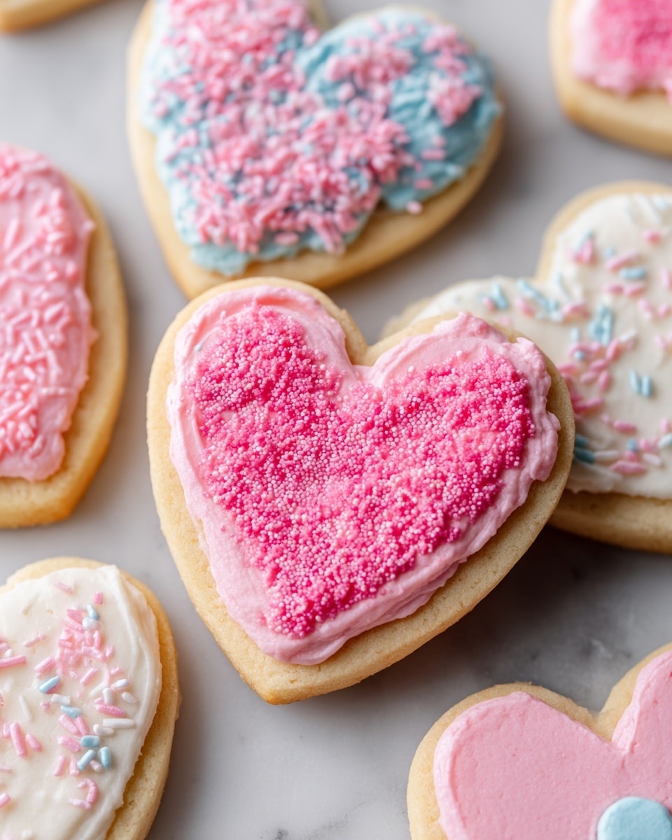 A close-up view of heart-shaped cookies layered closely together on a white marbled surface. The cookies show three different icing layers: a smooth white icing with light pink sprinkles, a solid soft pink icing, and a bright pink icing covered with fine pink sugar crystals. One cookie near the center also has a small circle of light blue and white icing detail on top. The edges of the cookies are light golden brown, and the texture of the cookie base is slightly crumbly. photo taken with an iphone --ar 4:5 --v 7