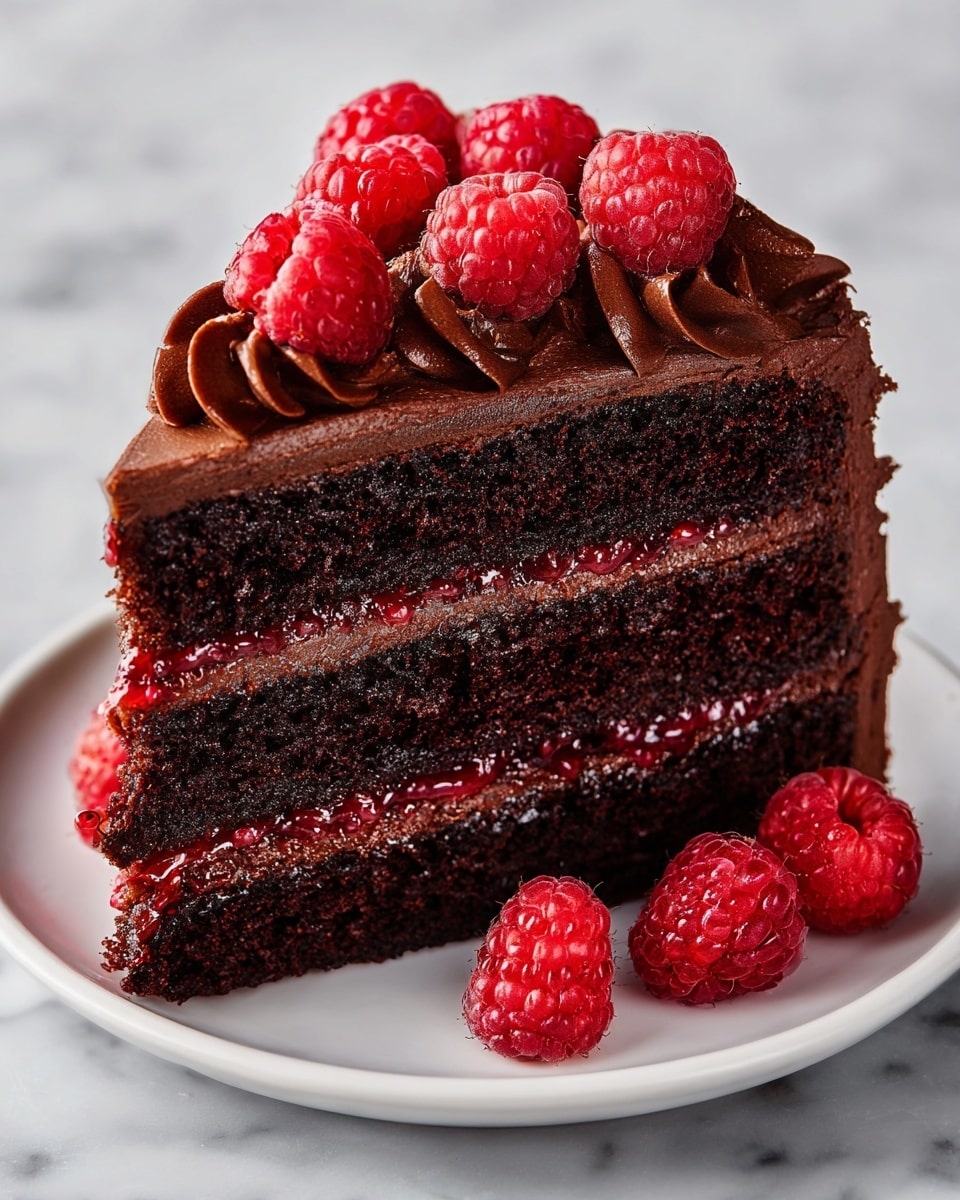 A slice of rich chocolate cake with three dark, moist layers stacked evenly, separated by smooth red raspberry jam thin layers. The outside is coated with creamy chocolate frosting, and the top has a swirl of thick chocolate frosting crowned with fresh bright red raspberries. The cake slice sits on a white plate, placed on a white marbled textured surface. The photo taken with an iphone --ar 4:5 --v 7