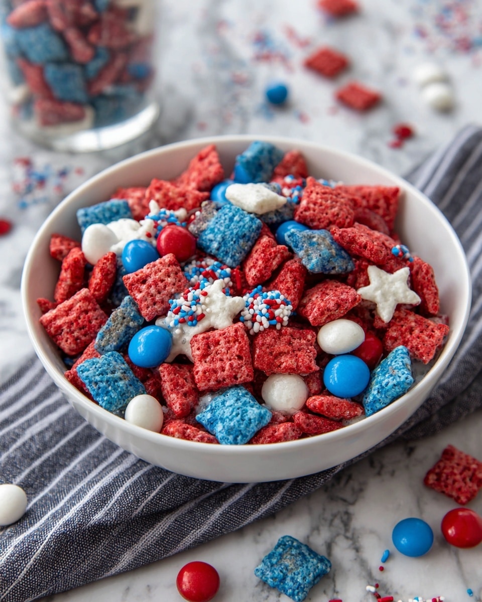 A white bowl filled with a colorful mix of red, white, and blue cereal pieces that are square-shaped with a crunchy texture, mixed with small round red, white, and blue candy-coated chocolates, as well as tiny white and red star-shaped sprinkles, all sitting on a white marbled surface with a striped cloth beneath the bowl and some scattered cereal and sprinkles around. photo taken with an iphone --ar 4:5 --v 7
