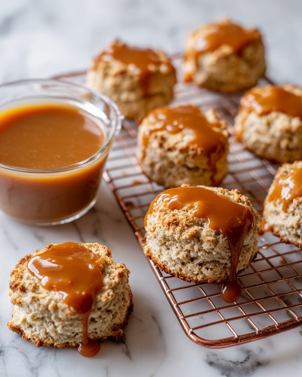 The image shows several thick, round scones placed on a copper cooling rack over a white marbled surface. Each scone has a rough, crumbly texture with a golden-brown color and is topped with a glossy, amber caramel sauce that slightly drips down the sides. The caramel forms an uneven layer on top of the scones, adding a shiny contrast to the matte texture of the scones. To the left, there is a clear glass bowl filled with a smooth caramel sauce. The whole setup highlights warm tones against the clean white marbled background, creating a cozy and inviting look. photo taken with an iphone --ar 4:5 --v 7