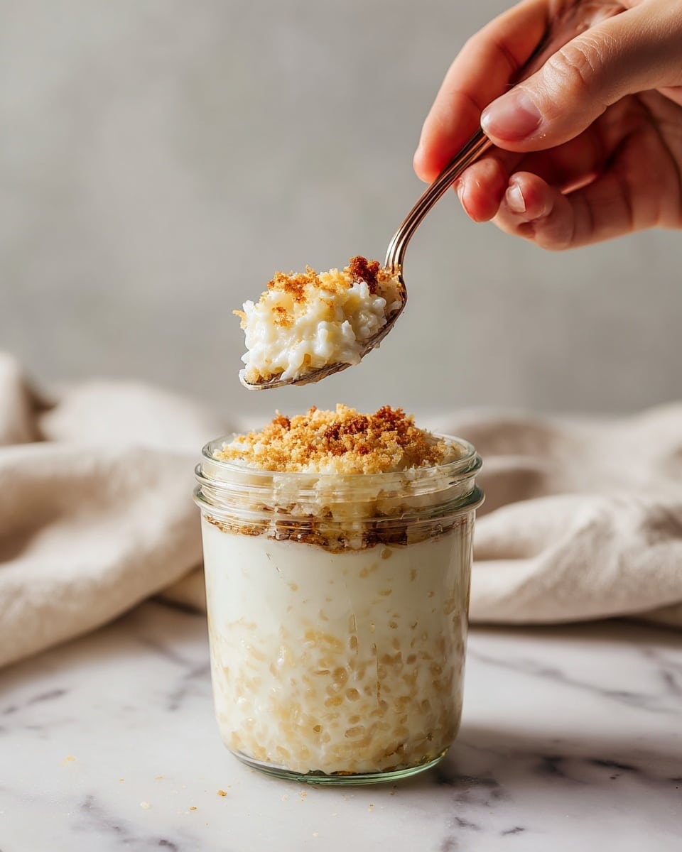 A clear glass jar filled with three layers: the bottom layer is creamy rice pudding with a slightly lumpy texture, the middle layer is more creamy rice pudding showing grainy rice bits, and the top layer is a golden brown crumbly topping sprinkled evenly on the surface. A woman's hand holds a spoon above the jar, lifting a spoonful of the rice pudding with the crumbly topping visibly sitting on top. The background features a soft, neutral cloth blurred out against a white marbled surface. Photo taken with an iphone --ar 4:5 --v 7