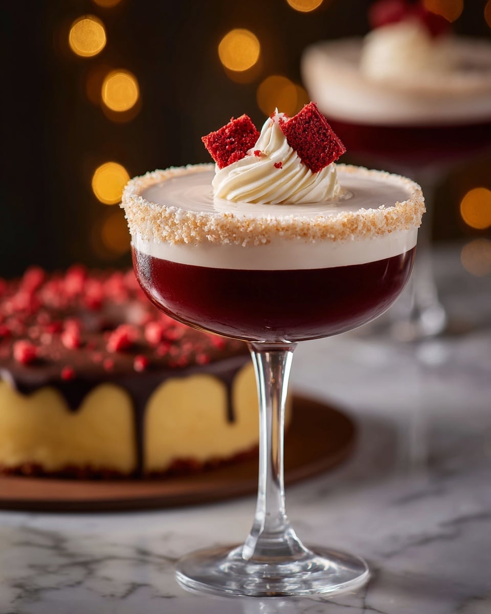 The image shows a clear stemmed cocktail glass filled with a rich, deep red liquid as the bottom layer, topped with a smooth white creamy layer. The rim of the glass is coated with fine crumb-like sprinkles that add texture. On top of the white layer sits a swirl of light white cream, garnished with two small pieces of red cake, adding a spongy and textured element to the drink. In the blurred background, there is a white marbled surface with warm yellow lights softly glowing. Another similar glass and a round yellow cake decorated with chocolate and red accents can be faintly seen. photo taken with an iphone --ar 4:5 --v 7
